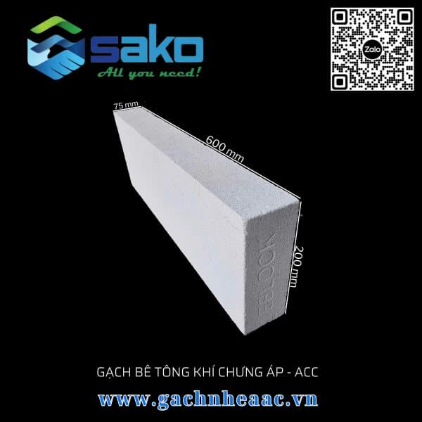 Gạch bê tông nhẹ AAC 600x200x75mm