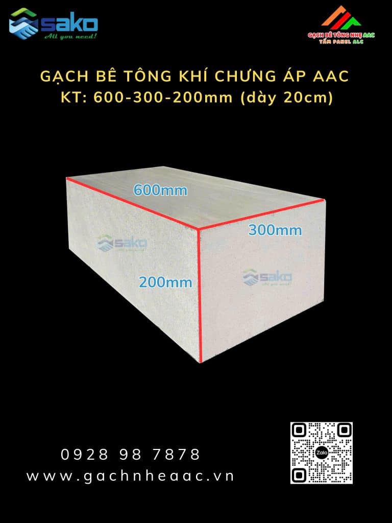 Gạch Bê Tông Nhẹ AAC 600x300x200mm