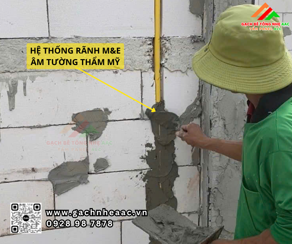 Xử lý mối nối và điện nước trên tường bê tông khí chưng áp