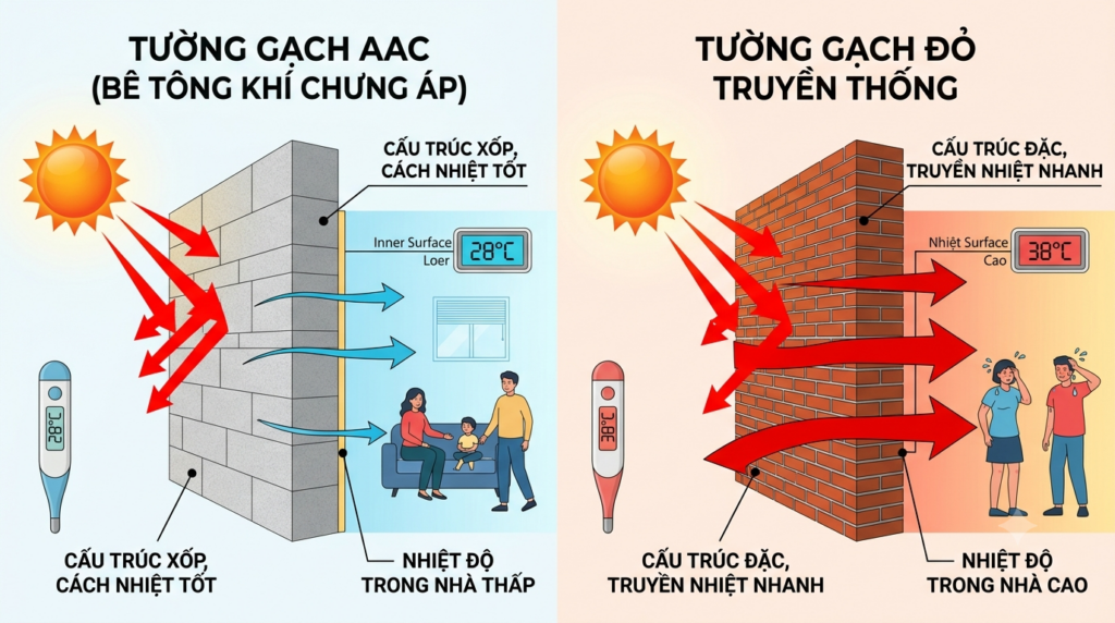 So sánh khả năng cách nhiệt giữa gạch AAC và gạch đỏ